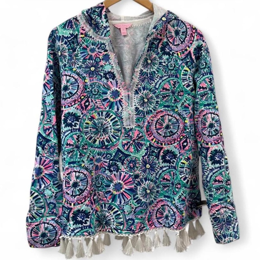 Lilly Pulitzer Harmon Hoodie Multicoloured Floral Print Zip Up with Tassels